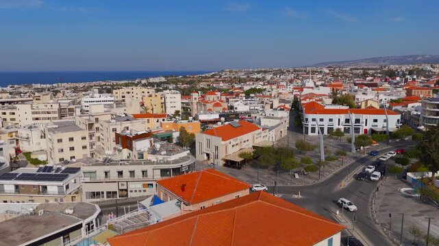 Low Altitude Drone Flight Over Kennedy Square in Paphos Old Town Cyprus
