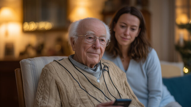 Elderly man seated in recliner with cardiac remote monitoring vest, daughter reviewing alert on smartphone beside him, warm living room evening light, congestive heart failure remote monitoring elde