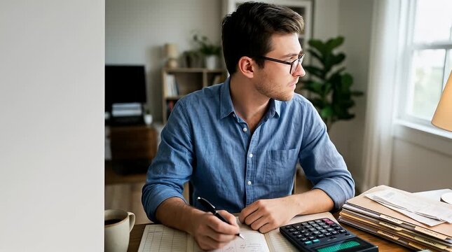 The scene opens with a young man sitting at a wooden desk in a cozy home office, looking focused as he writes in a notebook while a calculator sits nearby. Slowly, he raises his pen to jot down figure