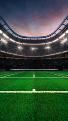 Naklejka premium Grass tennis court at a sports arena with glowing spotlights and fans ready for the upcoming grand sporting event. Professional sports vertical background for advertisement.