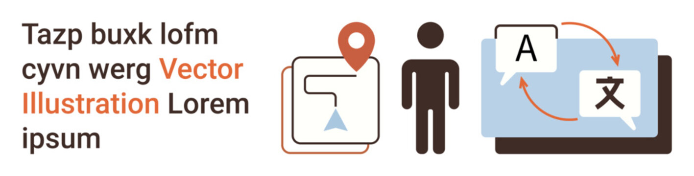 Language learning, translation tools, navigation, global communication, localization, digital interfaces. Visual of person, location pin directional map and translation icons. Language learning