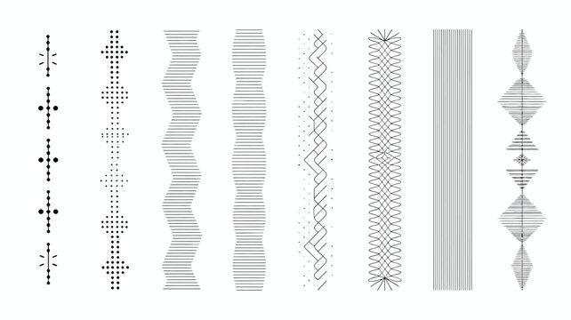 A collection of seven distinct vertically oriented line patterns is displayed against a plain white background showcasing varied textures high quality professional detailed modern elegant stylish