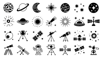 A collection of black and white icons depicting various celestial bodies spacecraft and equipment related to space exploration high quality professional detailed modern elegant stylish clean © rocky