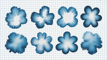Fototapeta premium An arrangement of eight digitally created blue floral shapes is displayed on a light gray grid background high quality professional detailed modern elegant stylish clean crisp