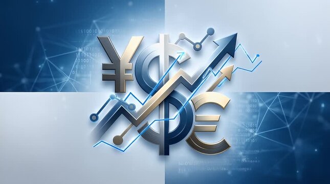 This image opens with a glowing holographic representation of financial symbols, including the dollar, euro, and yen, set against a sleek dark background. Digital particles slowly drift into view, ass