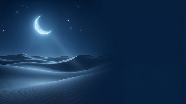 crescent moon over desert sand dunes in starry night sky