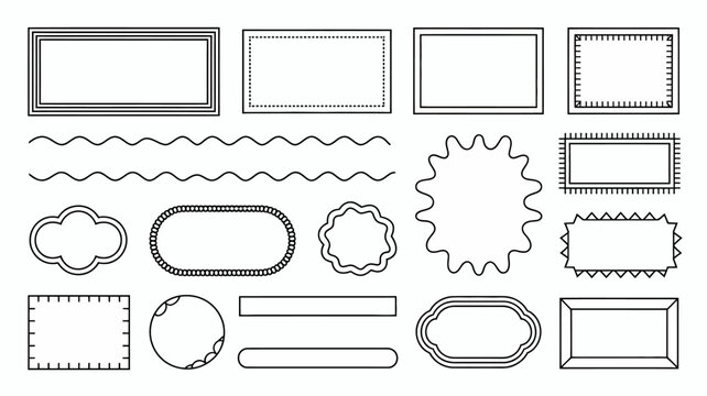 A collection of various black and white linear frames borders and decorative elements are displayed in a simple organized arrangement high quality professional detailed modern elegant