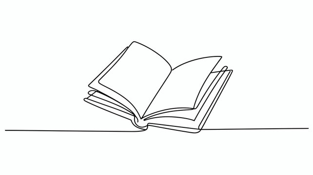 A minimalist line drawing depicts an open book resting on a surface showcasing its pages and binding in a simple elegant style high quality professional detailed