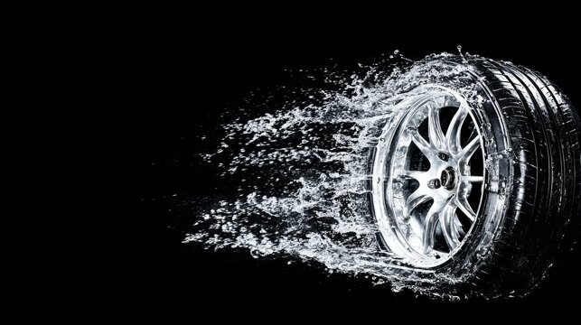 High speed wet tire performance water splash dynamic motion automotive grip safety traction road driving control concept copy space background