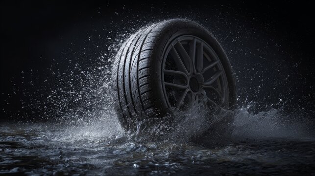 High speed wet tire performance water splash dynamic motion automotive grip safety traction road driving control concept copy space background