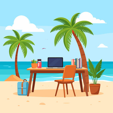 Vibrant tropical beach office illustration with laptop, desk, and palm trees, symbolizing remote work, freedom, and a modern digital nomad lifestyle