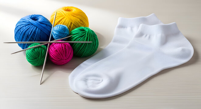 Knitting yarn and white sock.
