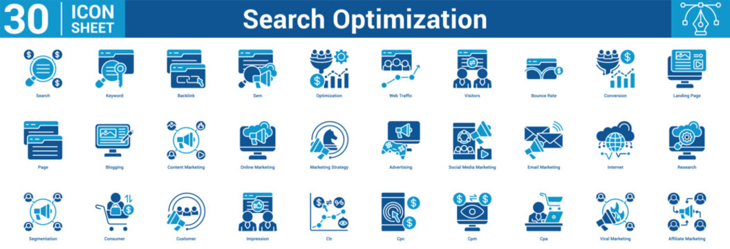 Search Optimization editable icon set vector illustration concept for business with icon of Search, Keyword, Backlink, Sem, Optimization, Web Traffic, Visitors, Bounce Rate, Conversion, Landing Page.