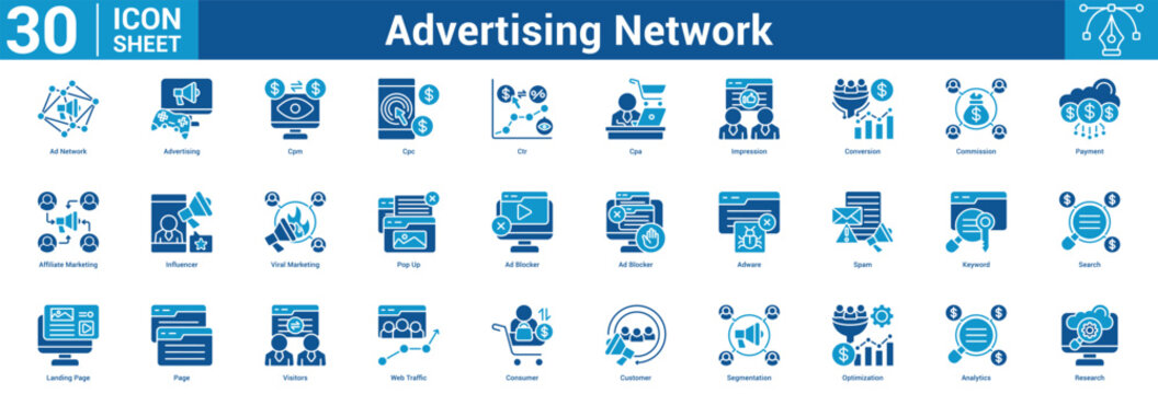Advertising Network editable icon set vector illustration concept for business with icon of Ad Network, Advertising, Cpm, Cpc, Ctr, Cpa, Impression, Conversion, Commission, Payment, Affiliat.