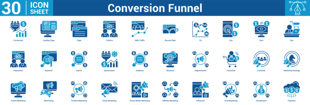 Conversion Funnel editable icon set vector illustration concept for business with icon of Conversion, Landing Page, Page, Visitors, Web Traffic, Bounce Rate, Ctr, Cpc, Cpm, Cpa, Impression, Keyword.