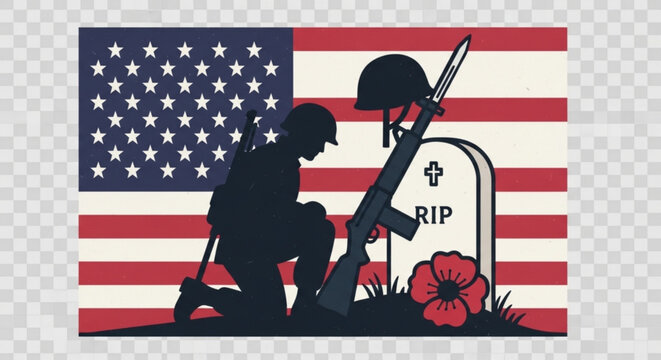 Memorial silhouette of a soldier kneeling before a tombstone and american flag