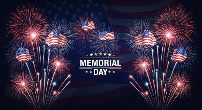 Memorial day fireworks display with american flags on dark background celebrating us holiday