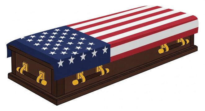 American flag draped brown casket with gold handles on white background symbolizing patriotism and respect in funeral or memorial service