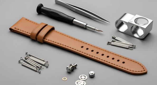 Leather watch strap with tools and parts.