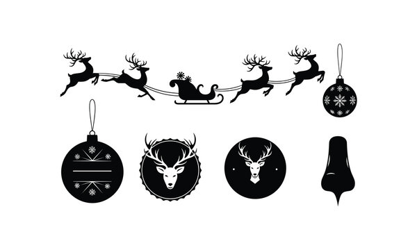 Reindeer sleigh christmas vector silhouette illustration with baubles.