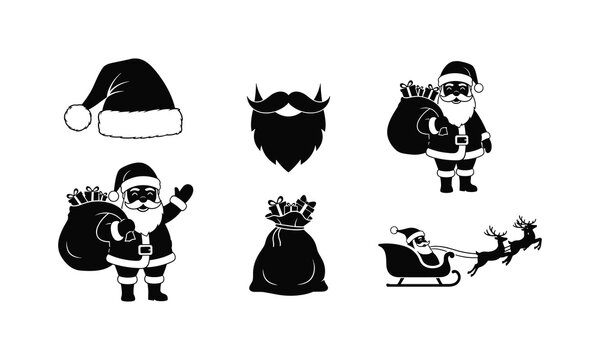 Santa claus costume and gift sack collection vector silhouette illustration graphic icons.