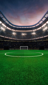 Football and soccer field at a sports stadium with glowing spotlights and fans ready for the upcoming grand sporting event. Professional sports vertical background for advertisement.