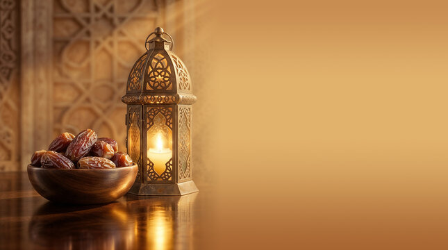 traditional ramadan lantern and bowl of-dates on table