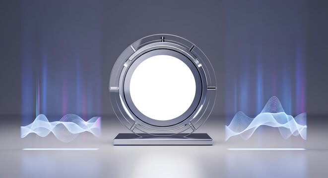 Futuristic circular device with glowing light.