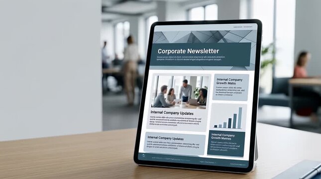 This scene opens with a sleek tablet positioned on a wooden desk, displaying a corporate newsletter in a bright office setting with blurred colleagues in the background. The tablet screen gently anima