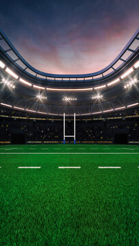 Rugby field at a sports stadium with glowing spotlights and fans ready for the upcoming grand sporting event. Professional sports vertical background for advertisement.