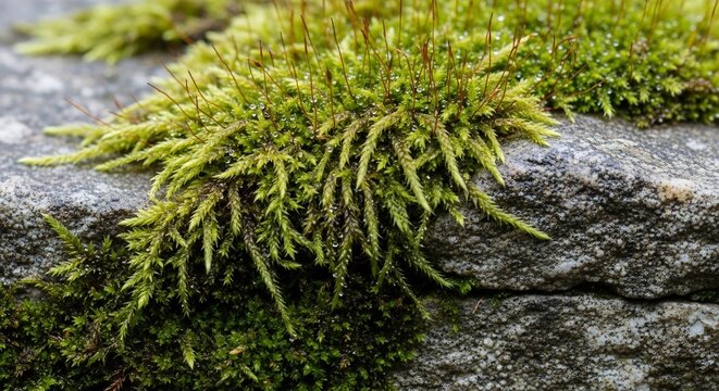 Close-up Macro View of Lush Green Moss Growing on a Textured Stone Surface.