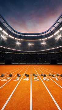 Athletics running track at a sports stadium with glowing spotlights and fans ready for the upcoming grand sporting event. Professional sports vertical background for advertisement.