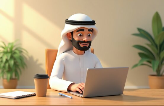 Arab man works on laptop at desk with coffee cup. He wears traditional thawb and ghutra. Modern office interior with plants. He looks happy and engaged, typing actively.