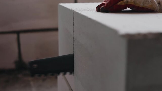 Cutting aerated concrete block edge with hand saw close up