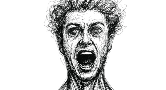 Raw Emotion in Ink: A powerful and dramatic artistic rendering captures the raw emotion of a human expression, showcasing open mouth in a moment of intensity.