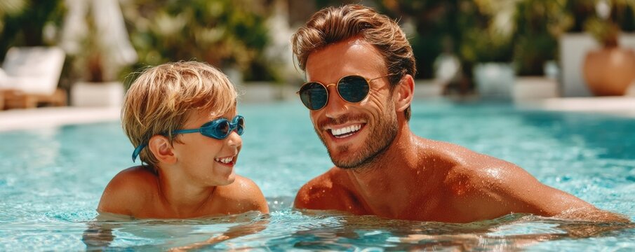 Smiling father and son wearing sunglasses enjoying a sunny summer pool day together