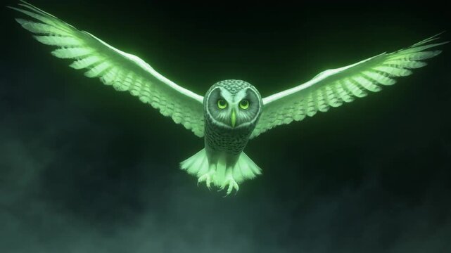 Spectral Owl Flying Silently with Glowing Green Feathers and Vanishing Effect