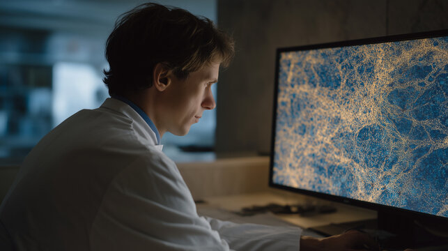 Nanoscale scanning electron microscope image of amyloid beta plaque fibrils on monitor in dark lab, researcher's face reflected in screen glow, Alzheimer protein accumulation ultrastructure imaging 