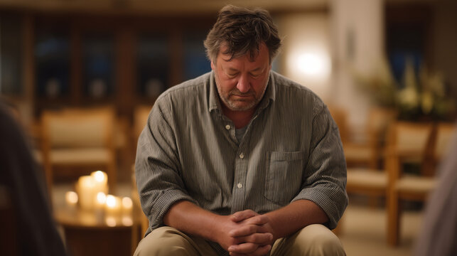 Middle-aged widower sits in a hospital grief support circle, head bowed, crumpled tissue in his fist, circle of hands reaching toward his knees from others in folding chairs, candlelit center table,