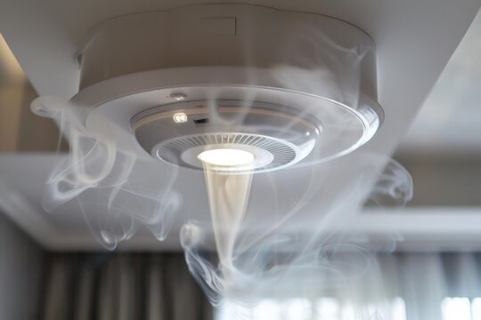 Smoke detector mounted on ceiling detecting smoke during a fire alarm test in a residential building