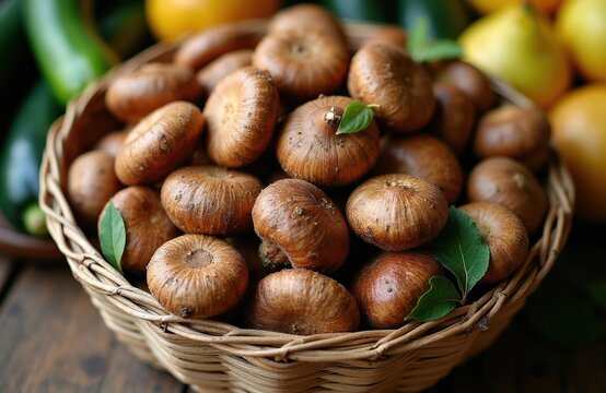 Basket of fresh bolets mushrooms on wooden table. Healthy food ingredients ready for cooking in kitchen. Organic produce gathered from forest for meal preparation. Natural harvest for healthy diet.