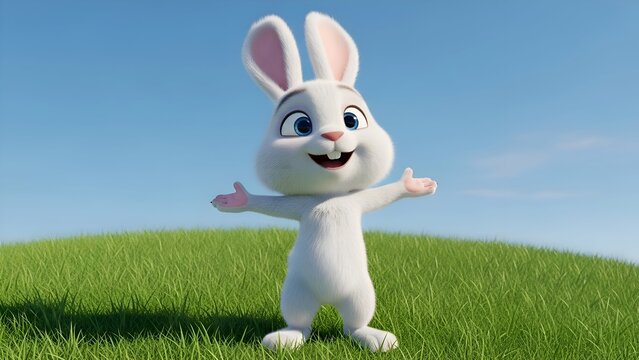 Animated white bunny character on green grass with open arms under blue sky