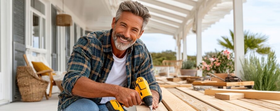 Smiling middle-aged man building a wooden deck on a sunny porch using a power drill