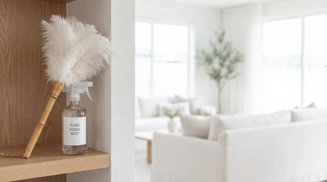 Glass spray bottle and feather duster on wooden shelf in bright living room