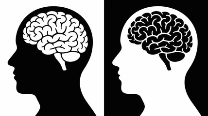 Obraz premium A striking visual depicts two human head silhouettes each containing a detailed brain illustration in contrasting black and white high quality professional modern elegant stylish clean