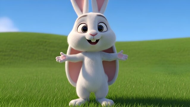 Animated white bunny with open arms stands in a green field under blue sky