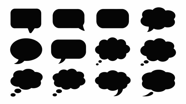 A collection of black speech bubbles and thought balloons of varying shapes and sizes are displayed against a stark white background high quality professional detailed modern