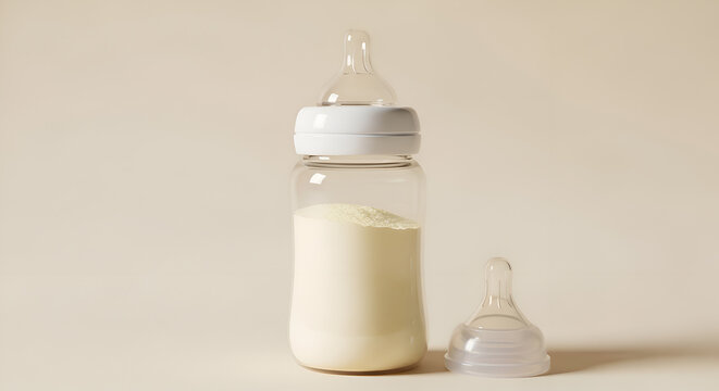 Baby bottle with milk and teat.