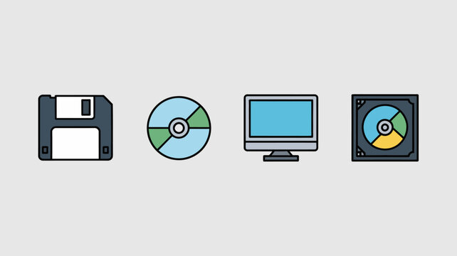 An illustrative collection showcases various data storage devices including floppy disks cds monitors and hard drives in a flat design high quality professional detailed modern elegant