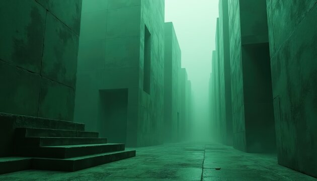 Dark green abstract structures line a foggy path with stone stpic. Geometric concrete blocks form a maze like corridor. Minimalist urban architectural forms recede into misty atmosphere.